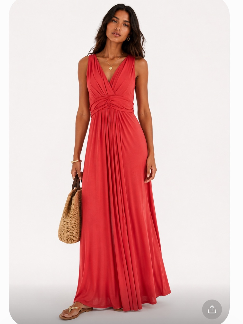 SOFT SURROUNDINGS Coral Ruched V-Neck Sleeveless Maxi Dress Petite PS Stretch
